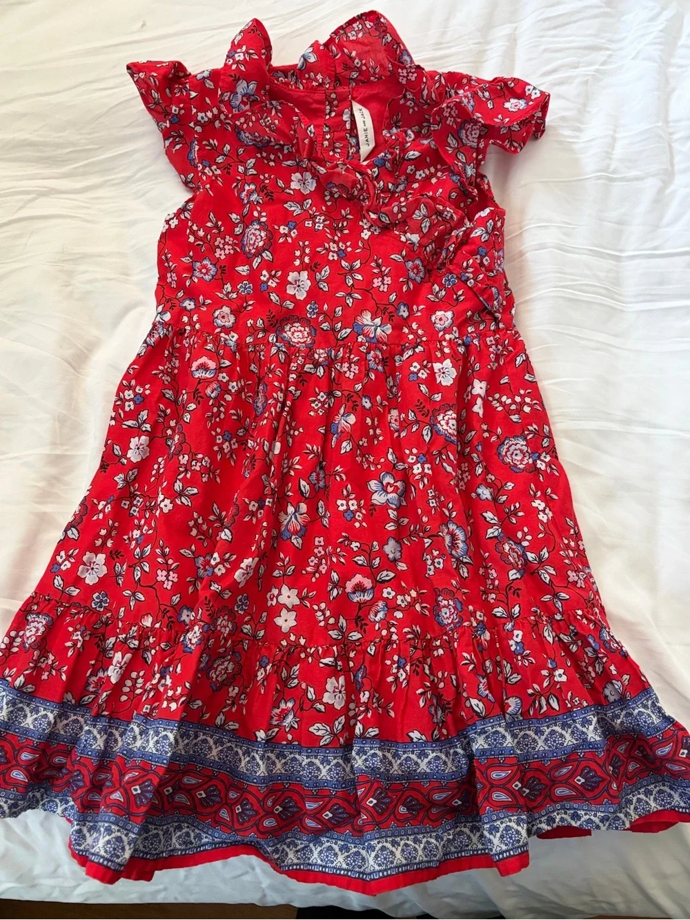 Janie and Jack Red Floral Ruffle Dress with Blue Border